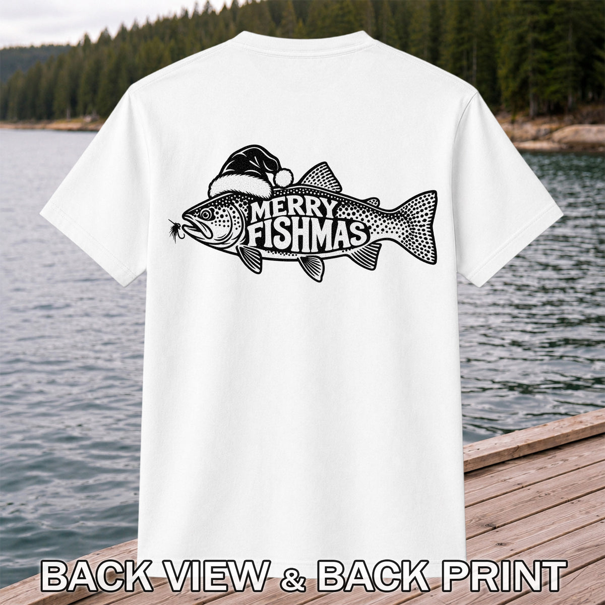 Merry Fishmas Black and White Trout Christmas Fishing T-Shirt | Back Print
