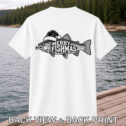 Merry Fishmas Black and White Trout Christmas Fishing T-Shirt | Back Print