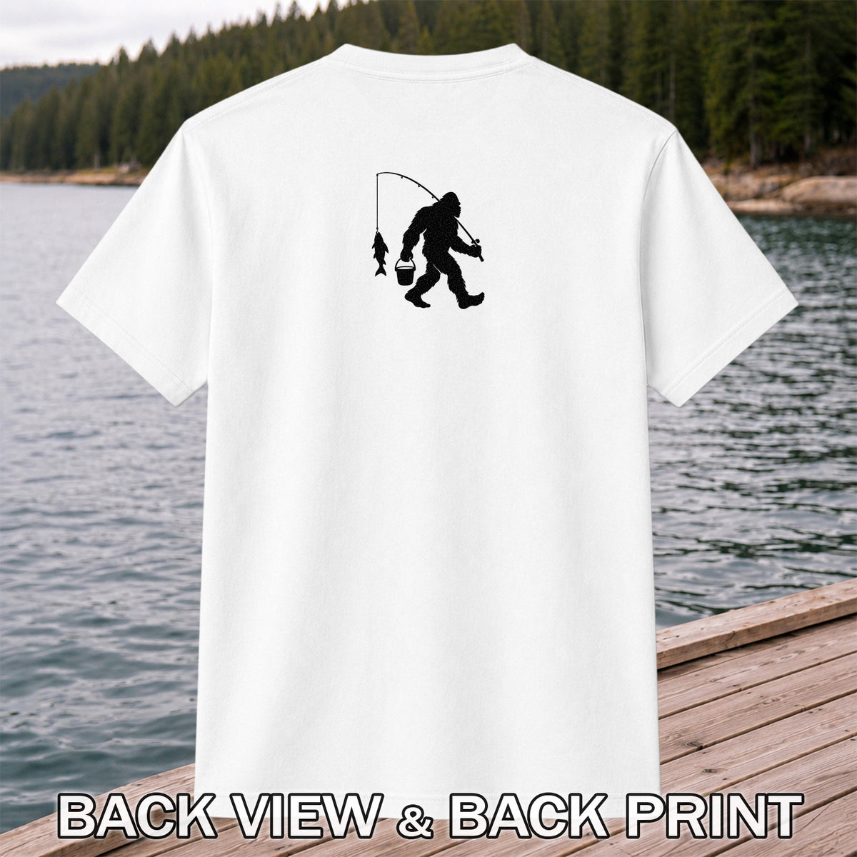 Fishing Silhouette with Catch and Bucket Graphic T-Shirt | Back Print