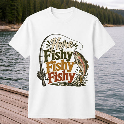 Here Fishy Fishy Fishy Rainbow Trout and Fishing Rod Retro T-Shirt