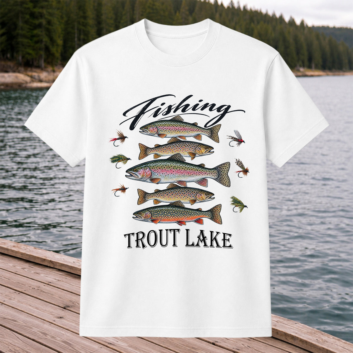 Fishing Trout Lake Vintage Trout and Flies Graphic T-Shirt