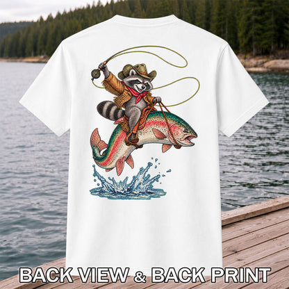 Cowboy Raccoon Riding a Rainbow Trout Fishing Graphic T-Shirt | Back Print