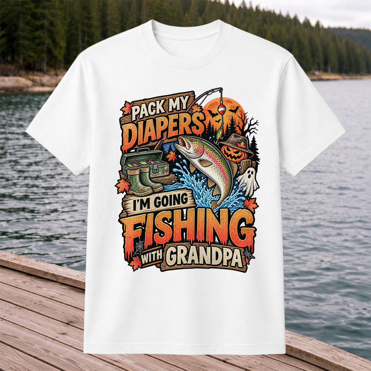 Pack My Diapers I'm Going Fishing With Grandpa Halloween Rainbow Trout T-Shirt
