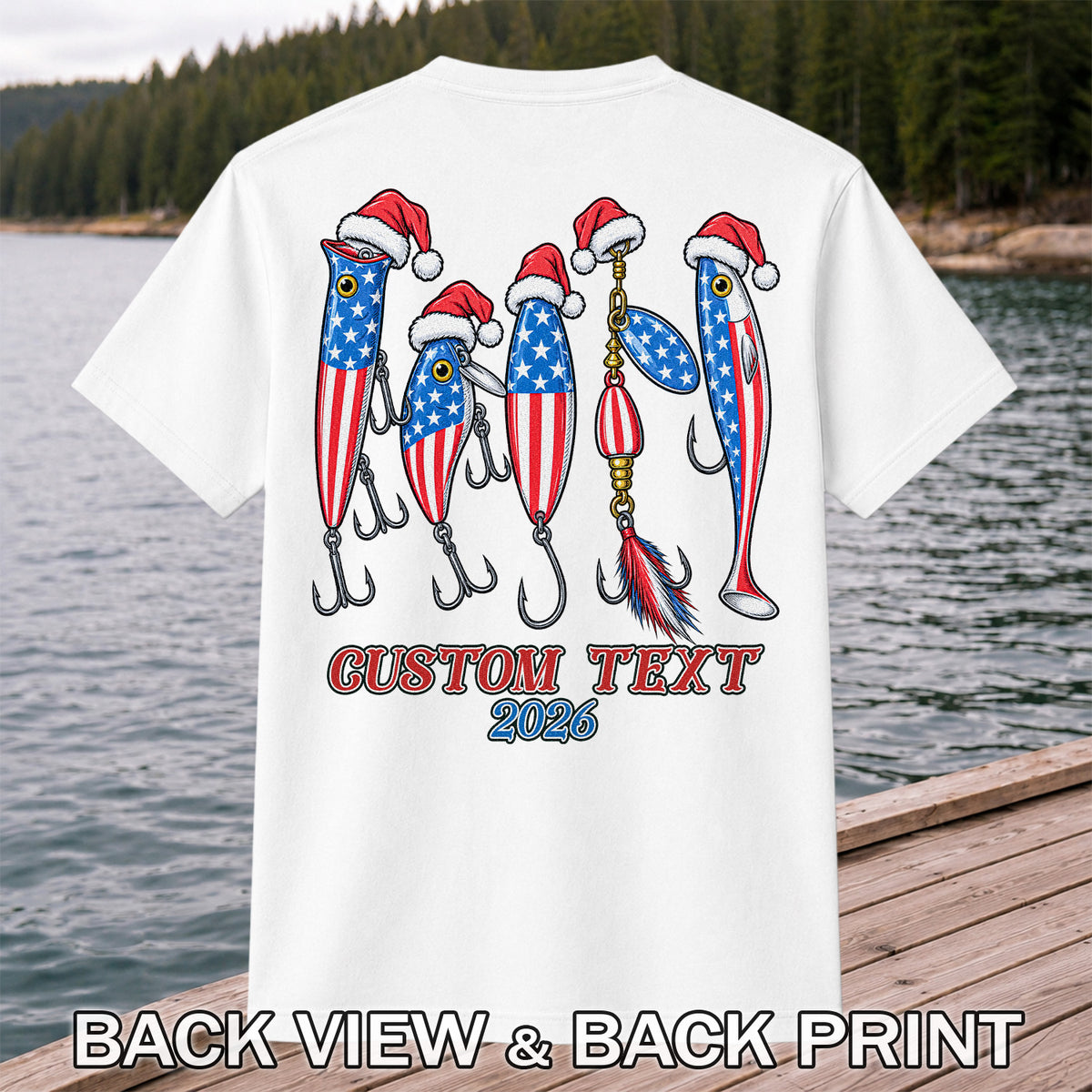 Personalized Patriotic Christmas Fishing Lures T-Shirt | Back Print