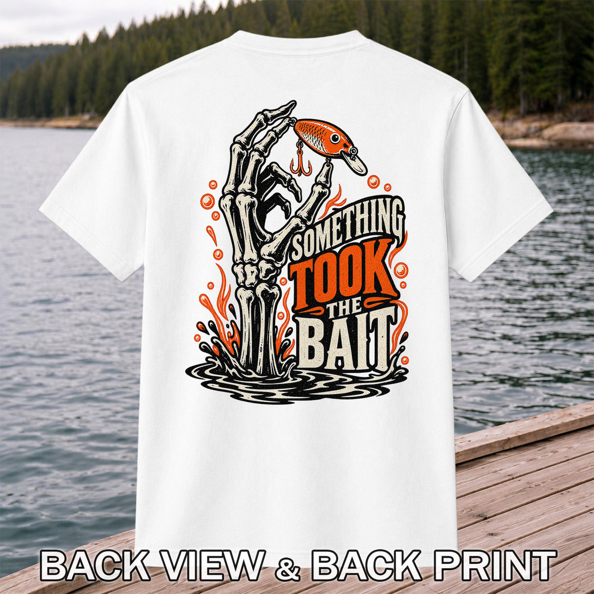 Skeleton Took the Bait Fishing Lure Gothic Graphic T-Shirt | Back Print