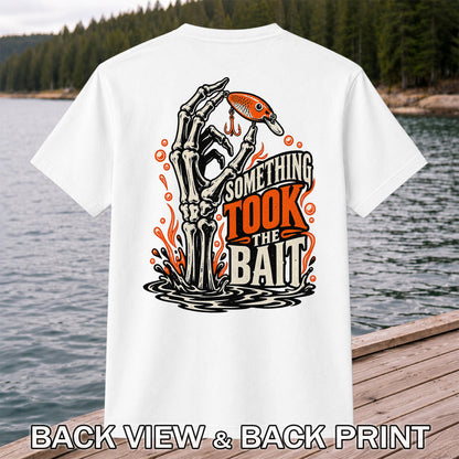 Skeleton Took the Bait Fishing Lure Gothic Graphic T-Shirt | Back Print