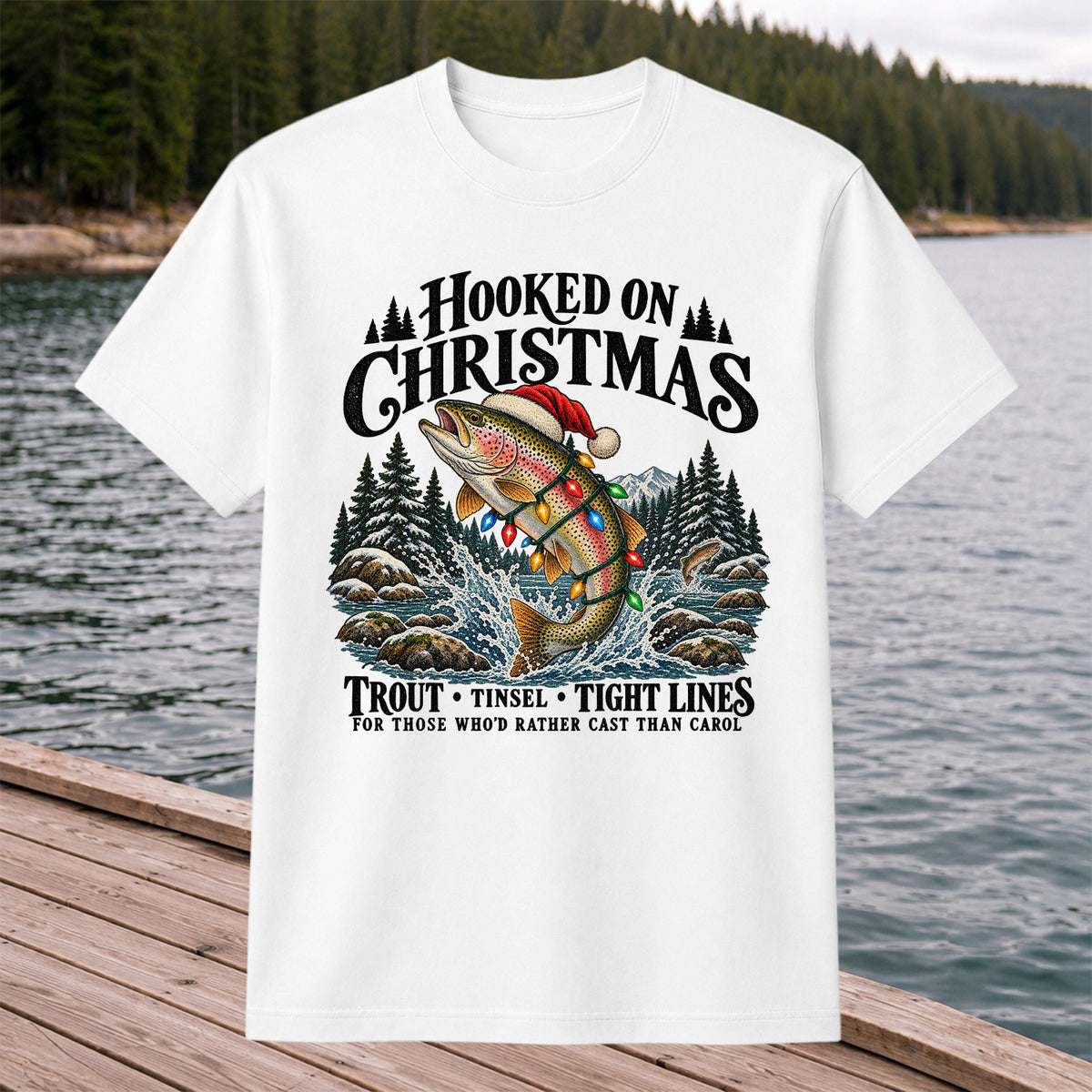 Hooked on Christmas Rainbow Trout Fishing Graphic T-Shirt