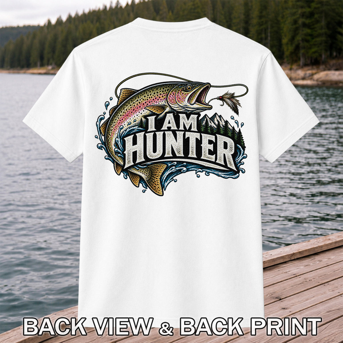I Am Hunter Rainbow Trout Fly Fishing Mountain Graphic T-Shirt | Back Print