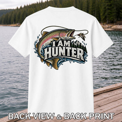 I Am Hunter Rainbow Trout Fly Fishing Mountain Graphic T-Shirt | Back Print