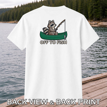 Off to Fish Raccoon in a Canoe Funny Fishing Graphic T-Shirt | Back Print