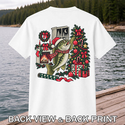 Christmas Bass Fishing Fireplace Tree Graphic T-Shirt | Back Print