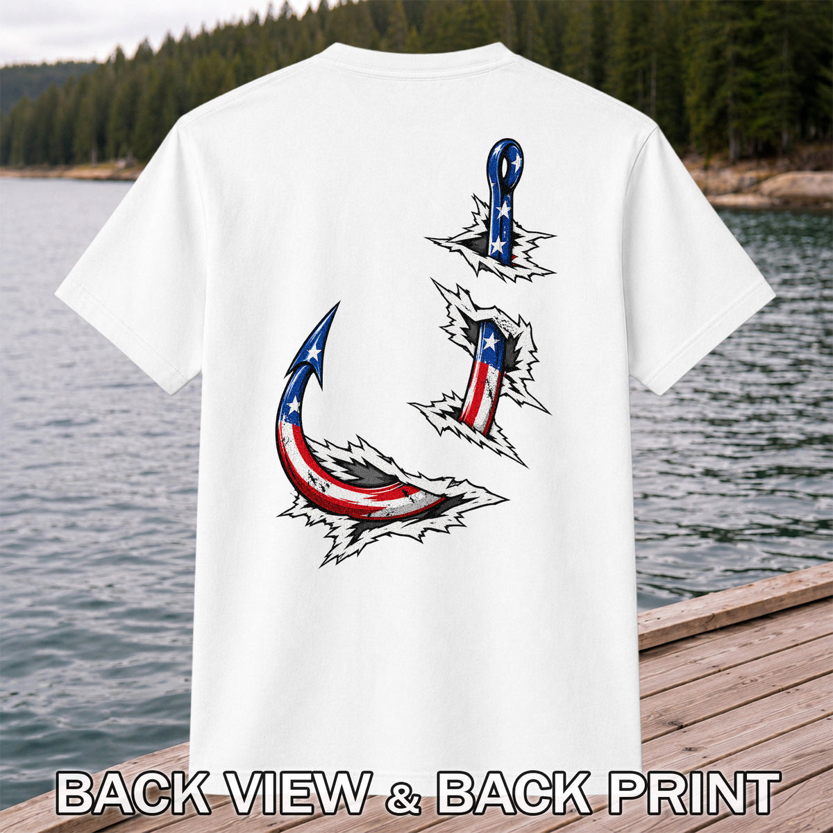 Patriotic American Flag Fishing Hooks Graphic T-Shirt | Back Print