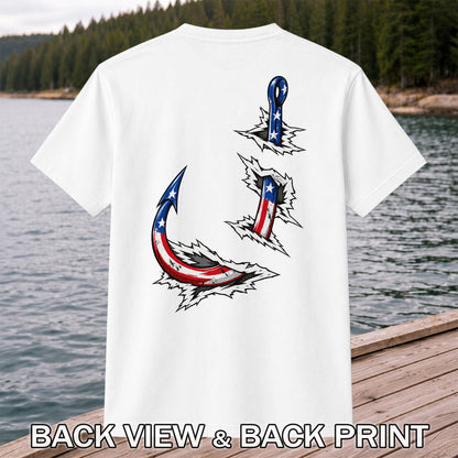 Patriotic American Flag Fishing Hooks Graphic T-Shirt | Back Print