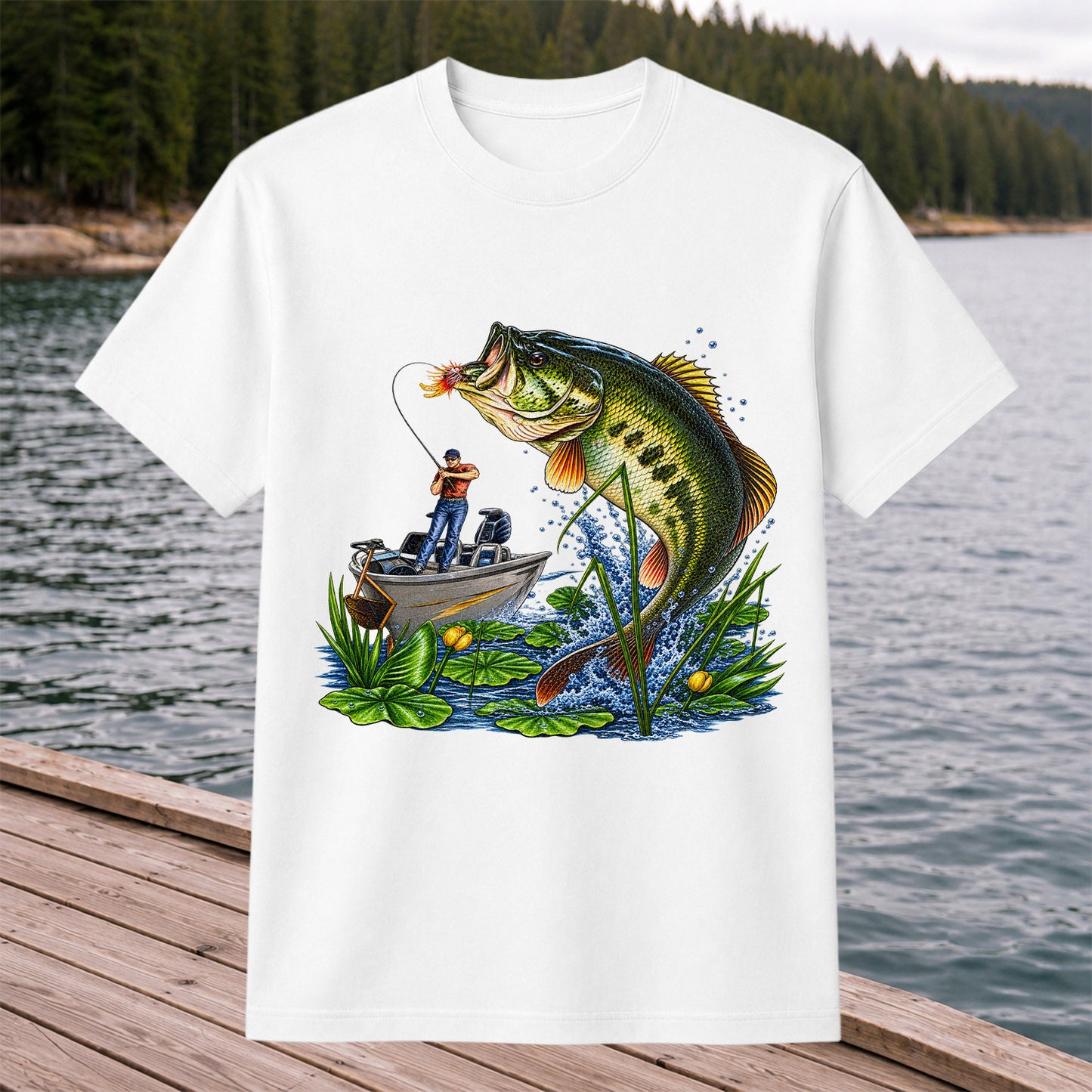 Largemouth Bass Leaping Beside Fishing Boat Graphic T-Shirt