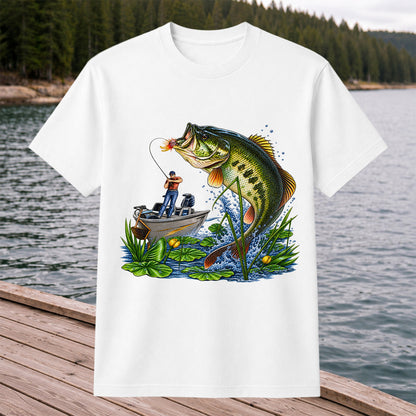 Largemouth Bass Leaping Beside Fishing Boat Graphic T-Shirt