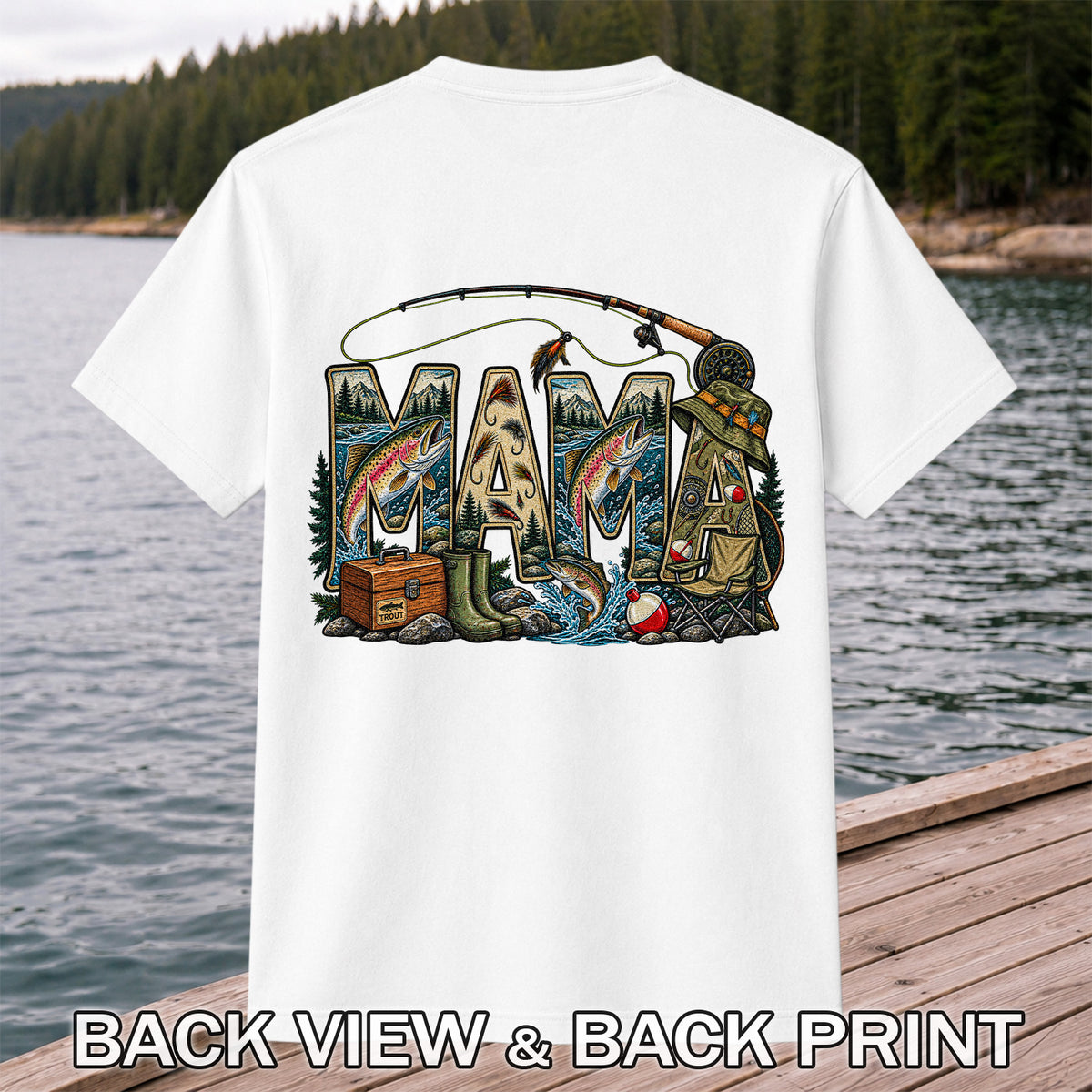 Mama Rainbow Trout Fly Fishing Vintage Graphic T-Shirt | Back Print