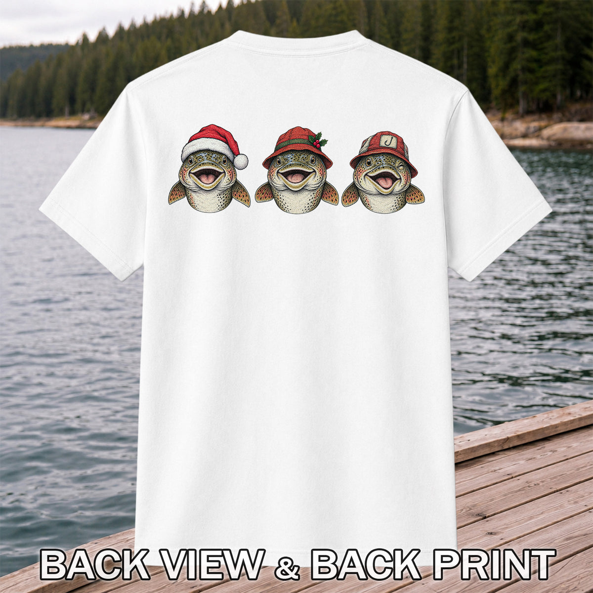 Funny Christmas Trout Trio Fishing Graphic T-Shirt | Back Print