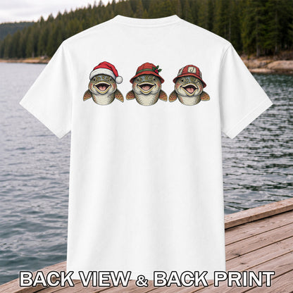 Funny Christmas Trout Trio Fishing Graphic T-Shirt | Back Print