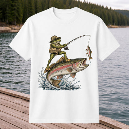 Frog Angler Riding a Rainbow Trout Fishing Graphic T-Shirt