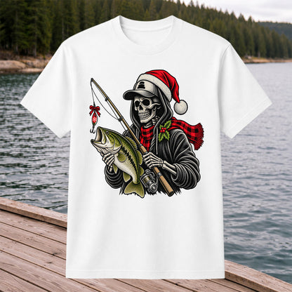 Christmas Skeleton Angler with Santa Hat and Bass Fishing T-Shirt