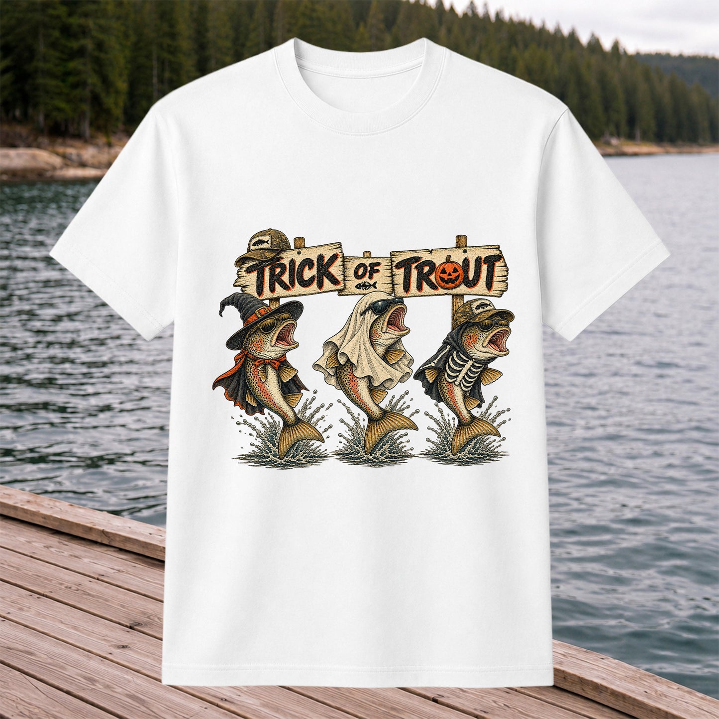 Trick or Trout Halloween Three Trout Fishing T-Shirt