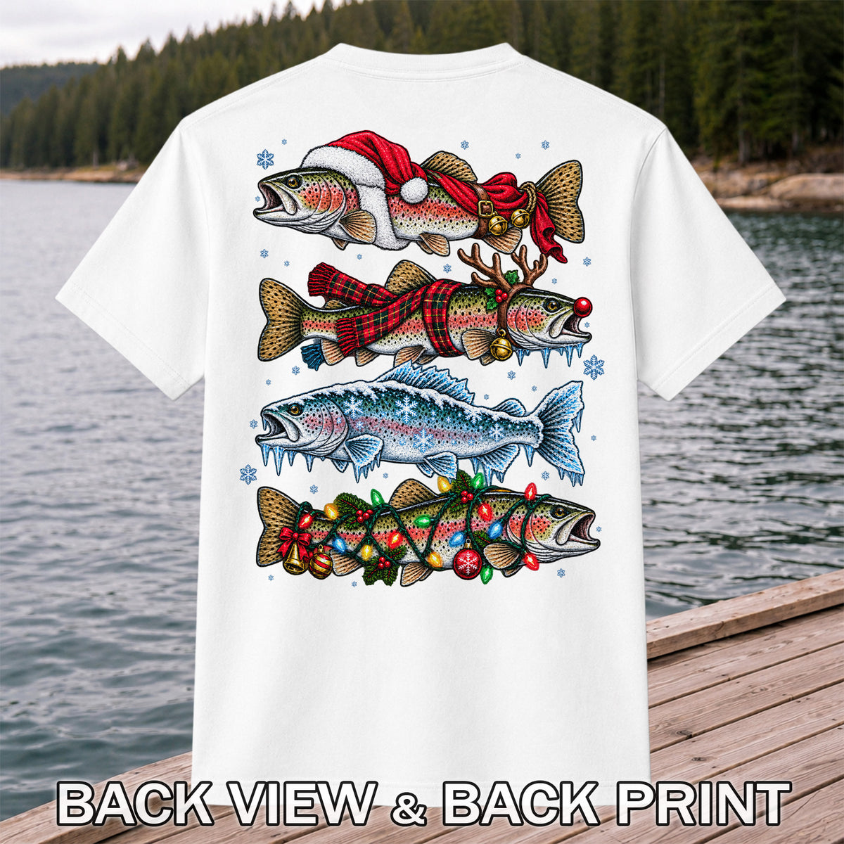 Christmas Rainbow Trout Holiday Fishing Graphic T-Shirt | Back Print