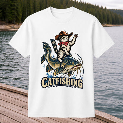 Catfishing Cowboy Cat Riding a Catfish Graphic T-Shirt