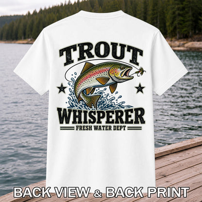 Trout Whisperer Fresh Water Dept Rainbow Tee, Trout Fishing T-Shirt | Back Print