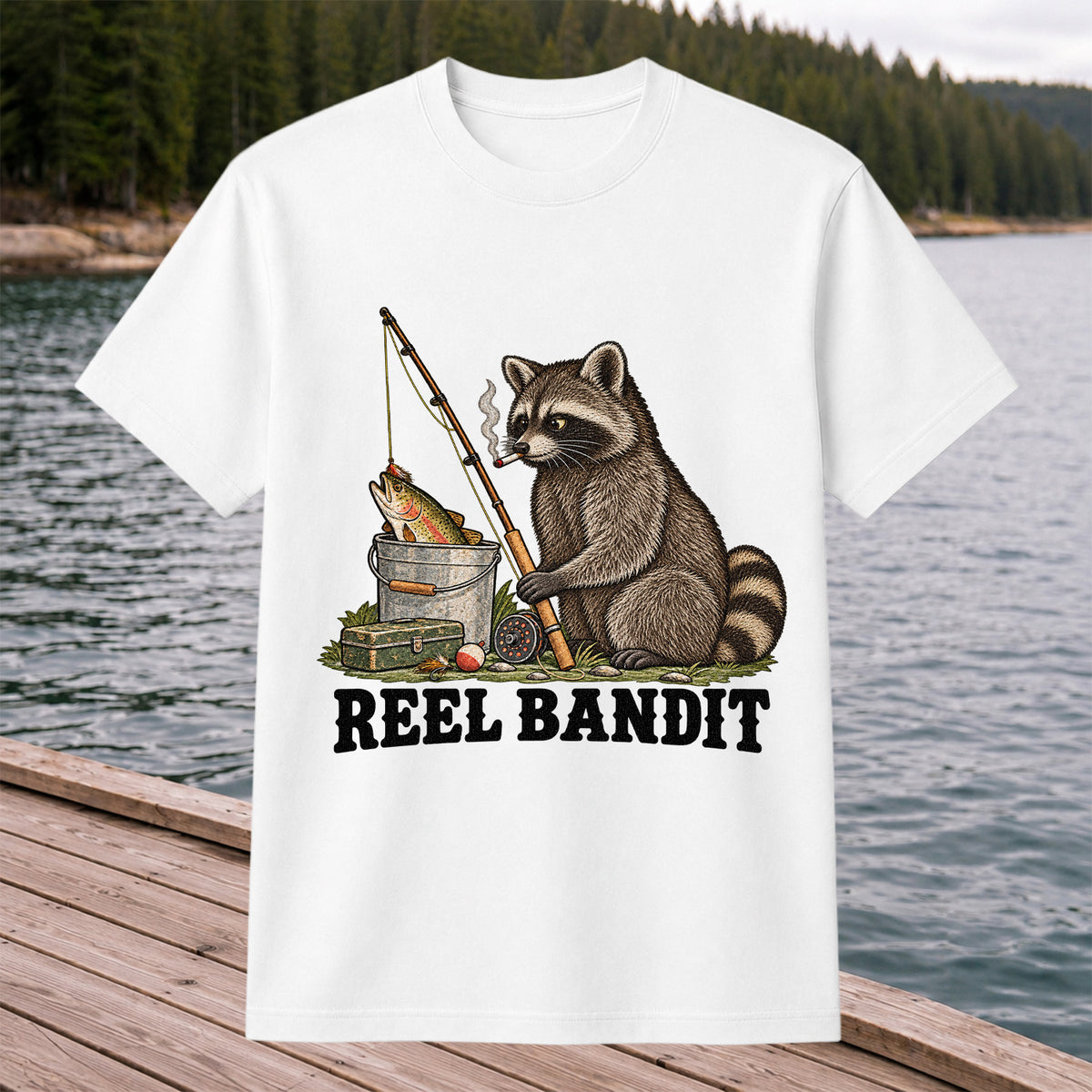 Reel Bandit Smoking Raccoon with Fishing Rod Funny T-Shirt