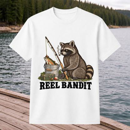 Reel Bandit Smoking Raccoon with Fishing Rod Funny T-Shirt
