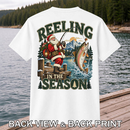 Reeling in the Season Santa Fishing for Rainbow Trout Christmas T-Shirt | Back Print