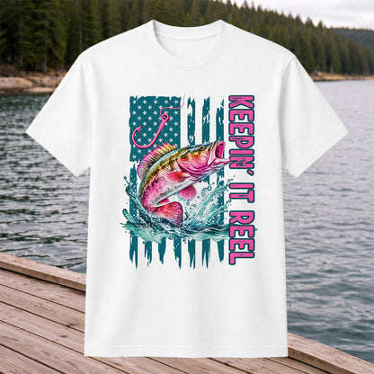 Keepin' It Reel Bass Fishing American Flag Graphic T-Shirt