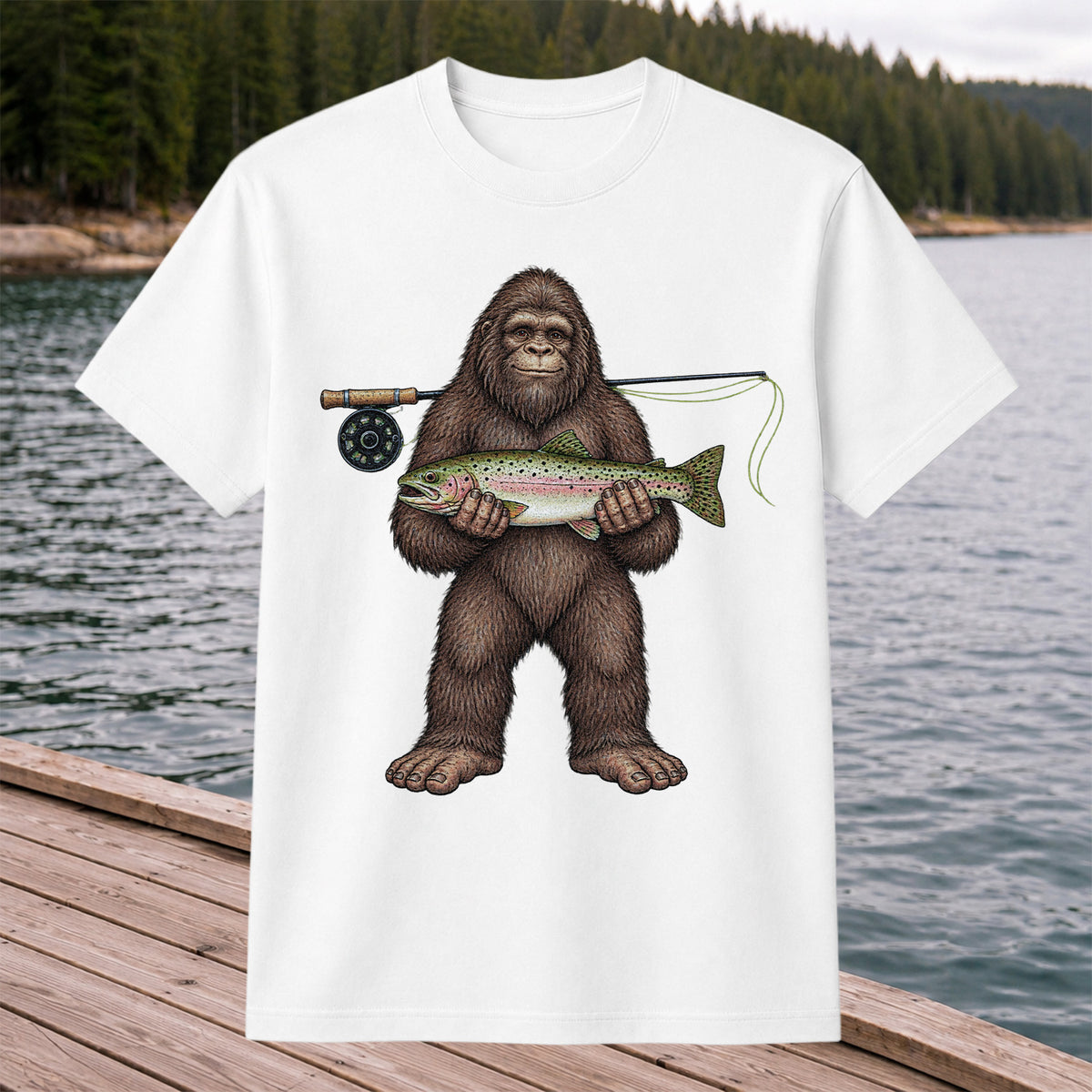Bigfoot Holding Rainbow Trout Fly Fishing Graphic T-Shirt