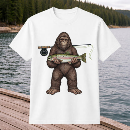 Bigfoot Holding Rainbow Trout Fly Fishing Graphic T-Shirt