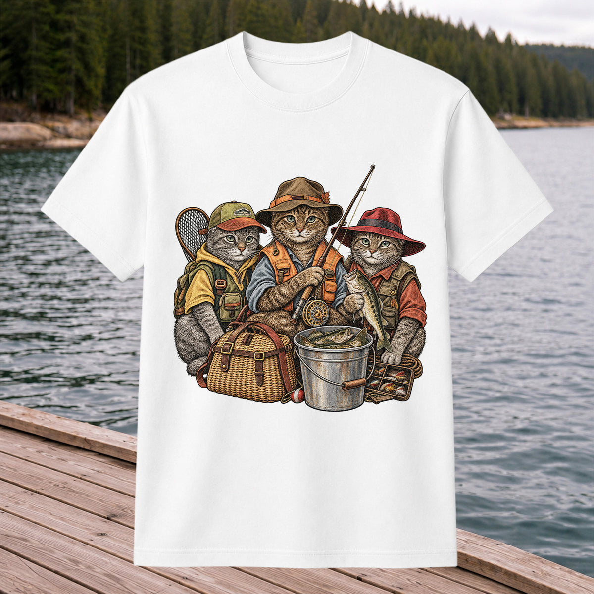 Three Fishing Cats with Rod and Catch Vintage Graphic T-Shirt