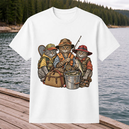 Three Fishing Cats with Rod and Catch Vintage Graphic T-Shirt