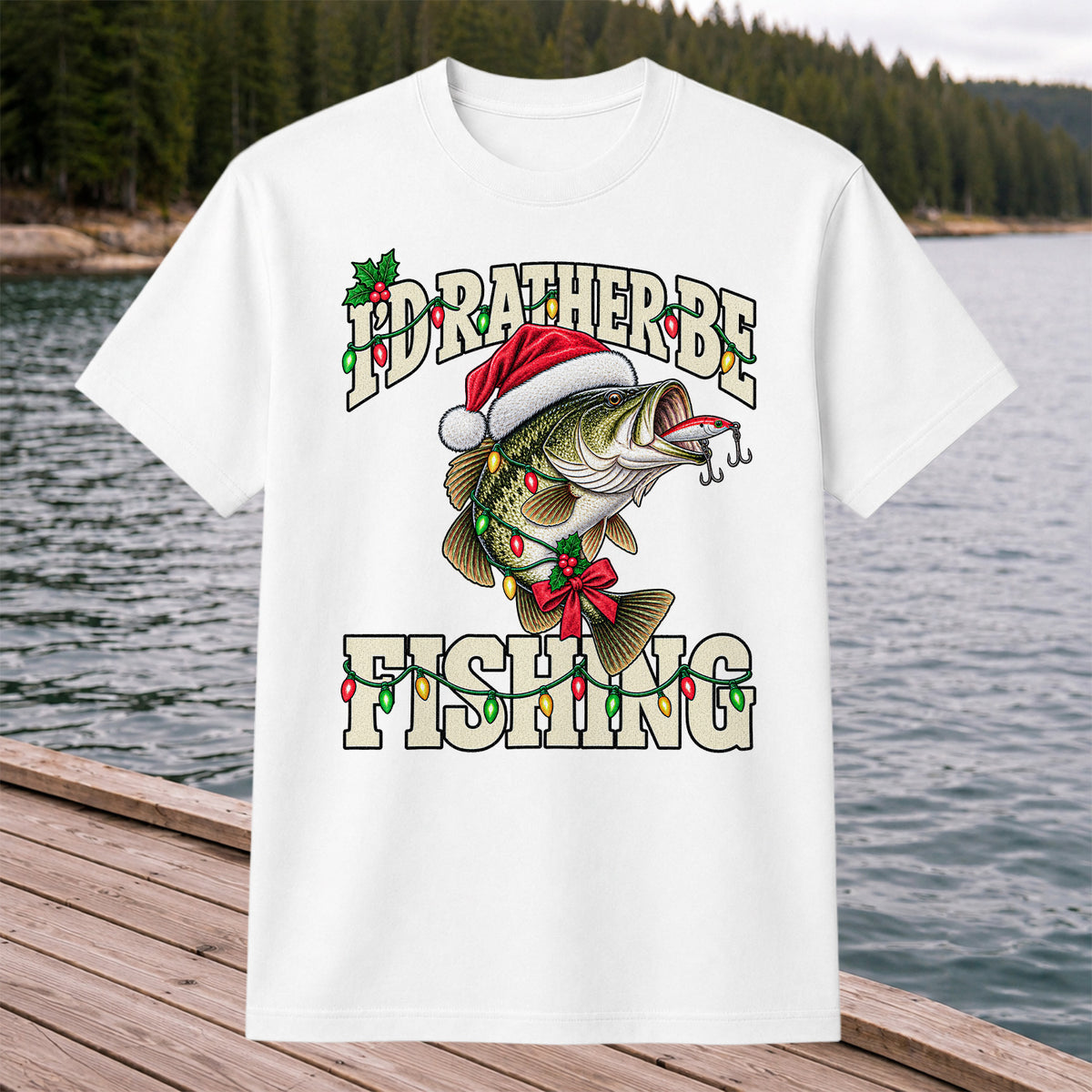 Santa Hat Bass Christmas Fishing Graphic T-Shirt