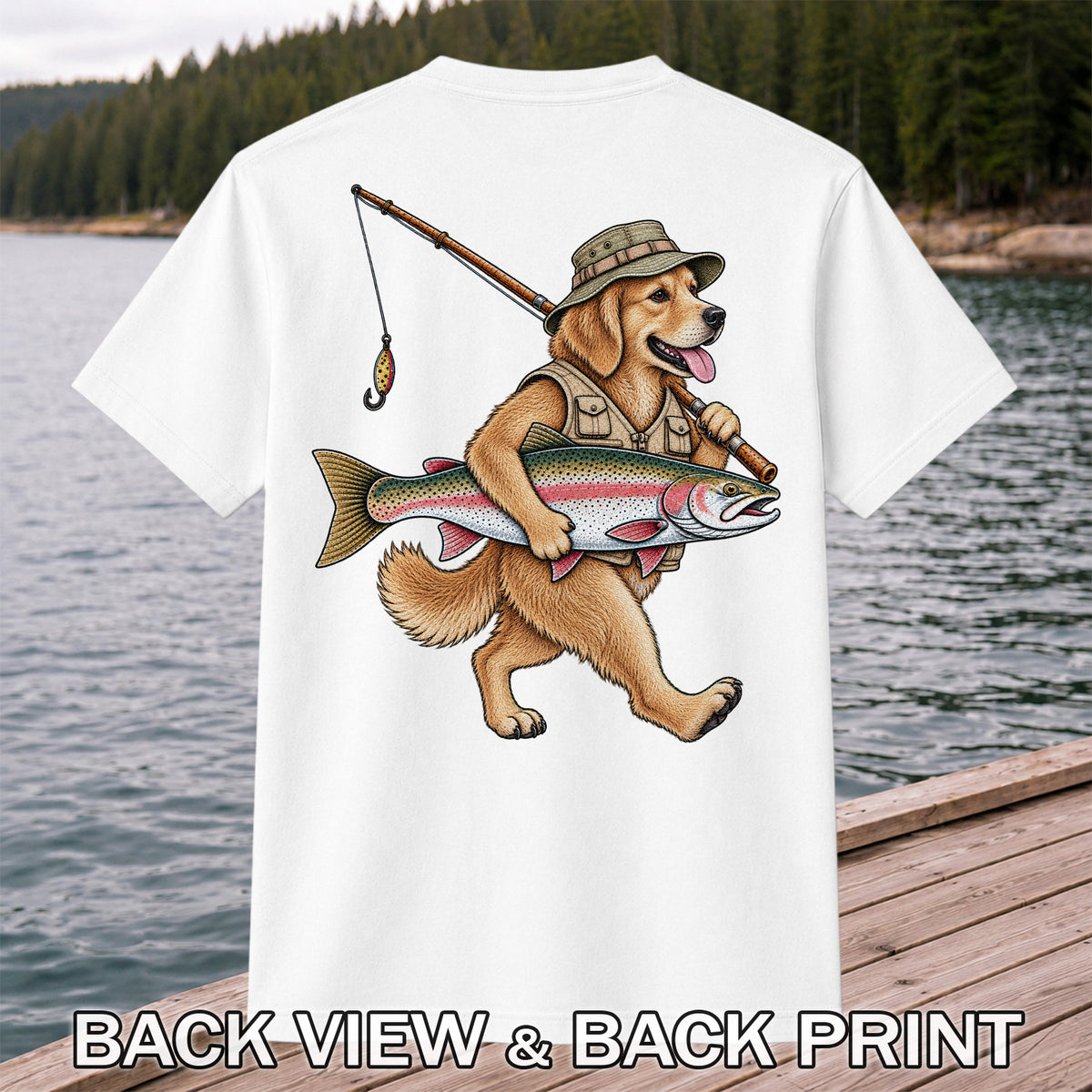Golden Retriever Holding Rainbow Trout Fishing Graphic T-Shirt | Back Print