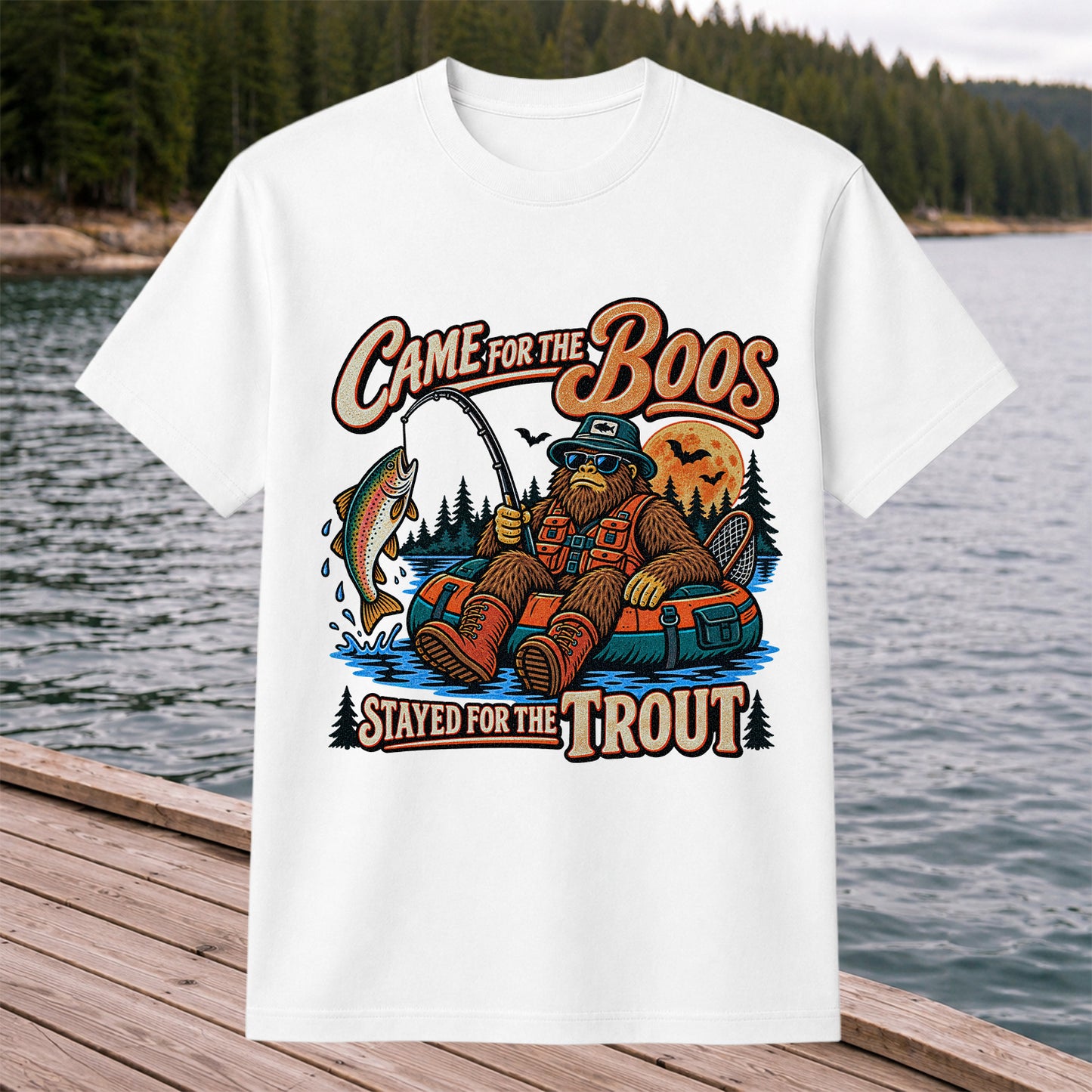 Came for the Boos Stayed for the Trout Bigfoot Halloween Fishing T-Shirt