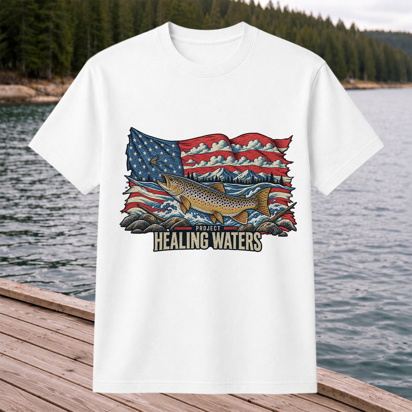 Healing Waters American Flag Brown Trout Fishing Graphic T-Shirt