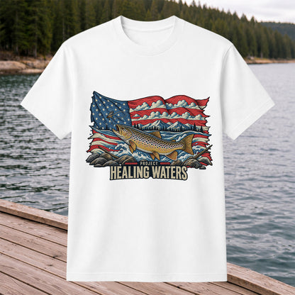 Healing Waters American Flag Brown Trout Fishing Graphic T-Shirt