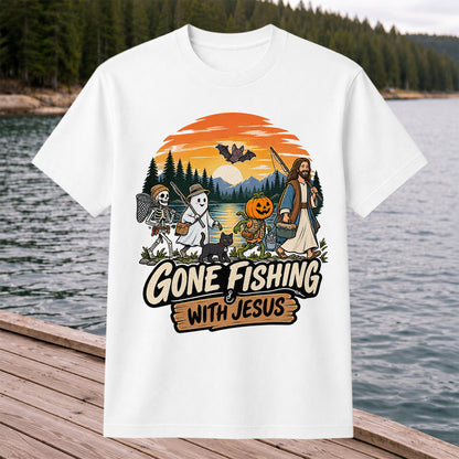 Gone Fishing with Jesus Skeleton Ghost and Pumpkin Halloween Fishing T-Shirt