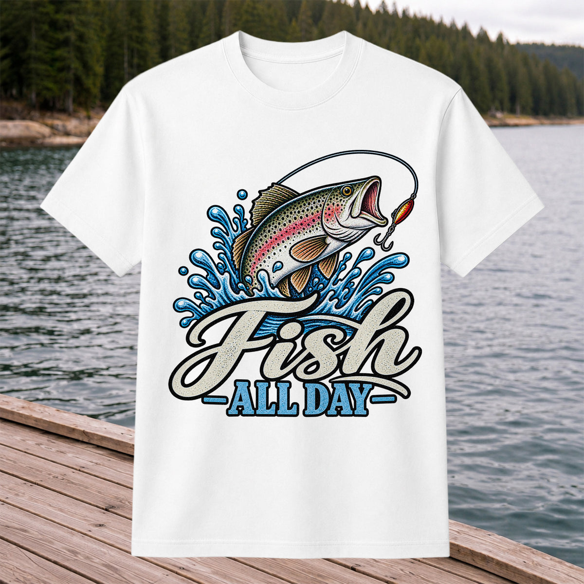 Fish All Day Jumping Rainbow Trout Fishing Graphic T-Shirt