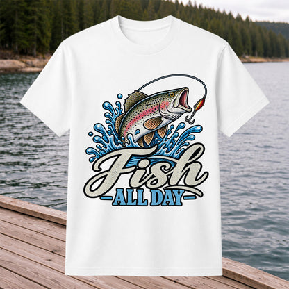 Fish All Day Jumping Rainbow Trout Fishing Graphic T-Shirt
