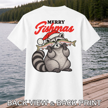 Santa Raccoon Holding Fish Christmas Fishing Graphic T-Shirt | Back Print