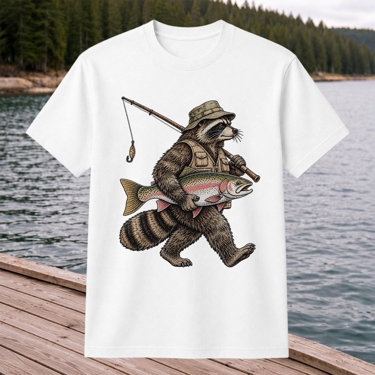 Raccoon Angler Holding Rainbow Trout Fishing Graphic T-Shirt