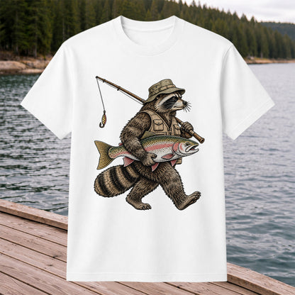 Raccoon Angler Holding Rainbow Trout Fishing Graphic T-Shirt