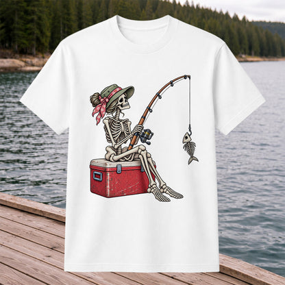 Skeleton Woman Fishing on a Cooler with Fish Bones Graphic T-Shirt