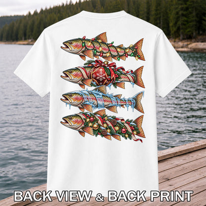 Christmas Rainbow Trout with Holiday Lights Fishing Graphic T-Shirt | Back Print