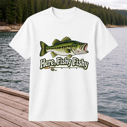 Here Fishy Fishy Funny Largemouth Bass Fishing Graphic T-Shirt